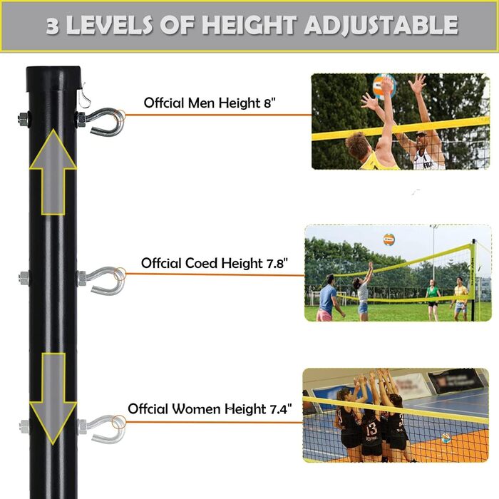Волейбольний набір Yoving: професійний, 9,5м, регульована висота | Комплект з металевими стовпами, розміткою поля та волейбольним м'ячем | У комплекті сумка для пляжу, саду та клубного спорту