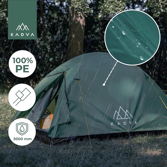Намет KADVA для кемпінгу Festa 2, 200x120x105 см, на 2 особи, з москітною сіткою, водонепроникний, легкий, міцний, з каркасом з фібергласу, для кемпінгу та піших прогулянок, зелений