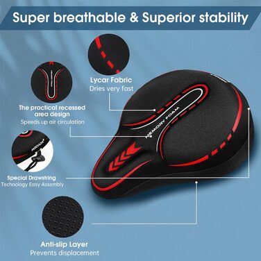 Покриття на сидіння велосипедного сидіння MSDADA з гелевим наповнювачем, Extra Soft Foam, широке, з пам'яті ефекту, для MTB, велотренажера, Peloton, зручне сидіння для жінок, чоловіків, літніх людей (Чорний/Червоний)