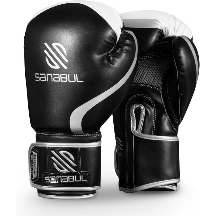 Боксерські рукавиці Sanabul Essential Gel 14 oz для кікбоксингу, чорно-сріблясті