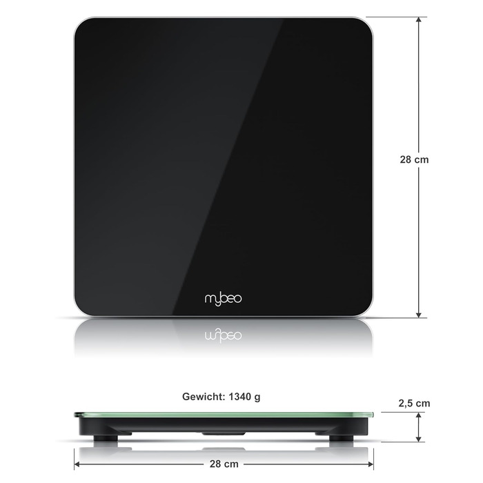 Електронні ваги MyBeo - ваги для тіла зі скла, 5-180 кг, великий LCD дисплей, kg/lb, датчики DMS, скло 6 мм, автоматичне вмикання, чорний колір