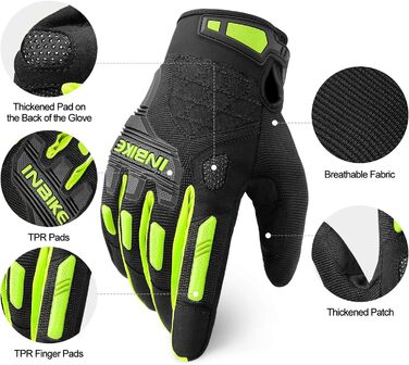 Велосипедні рукавички INBIKE MTB з повним пальцем, зелені, XL - для катання на гірському велосипеді, шосе та мотокросу. Зручні, дихаючі, з захистом пальців TPR та EVA.