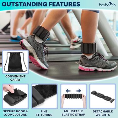 Набір вагів для зап'ястя та кісточки EcoEarth (2 шт., 450 г) - регульовані фітнес-стрічки, чорний колір
