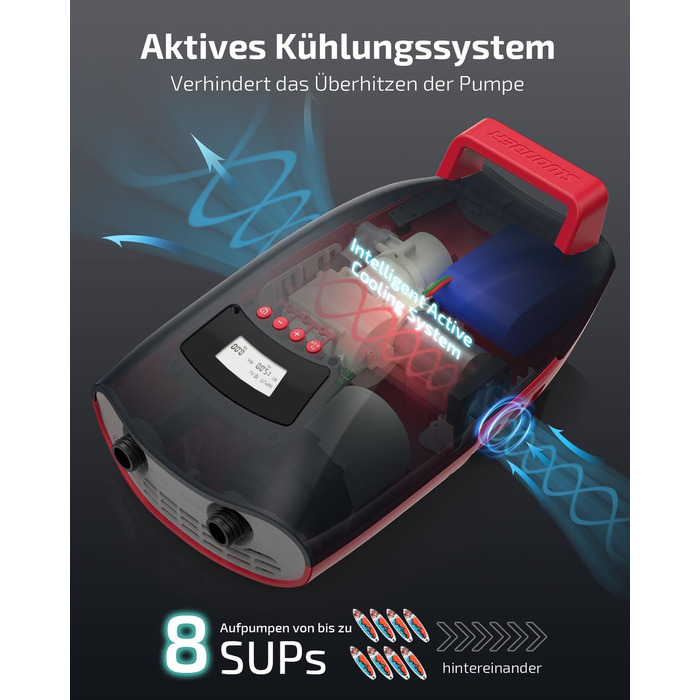 Насос Swonder Seawolf для SUP/Каяк з акумулятором 9000mAh, 20 PSI, подвійний поршень, активне охолодження, чорний/червоний