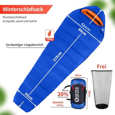 Сплячий мішок пуховий теплий зимовий 0°C -23°C для дорослих та дітей, 4 сезони, кемпінг, відпочинок на природі, чорний, сапфіровий блакитний