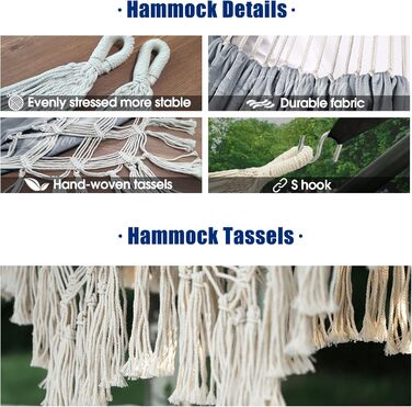 Гамак Anyoo Outdoor з бамбуковими кистями та ременями для дерева, вантажопідйомність 200 кг, зручний та дихаючий бавовняний гамак з сумкою для перенесення, підходить для тераси, балкону, двору, саду, темно-сірий