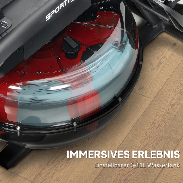 Гребний тренажер для дому з резервуаром для води об'ємом 6-11 л, LCD-дисплеєм, тримачем для телефону, максимальною вагою користувача 135 кг, сталевий каркас, чорний колір