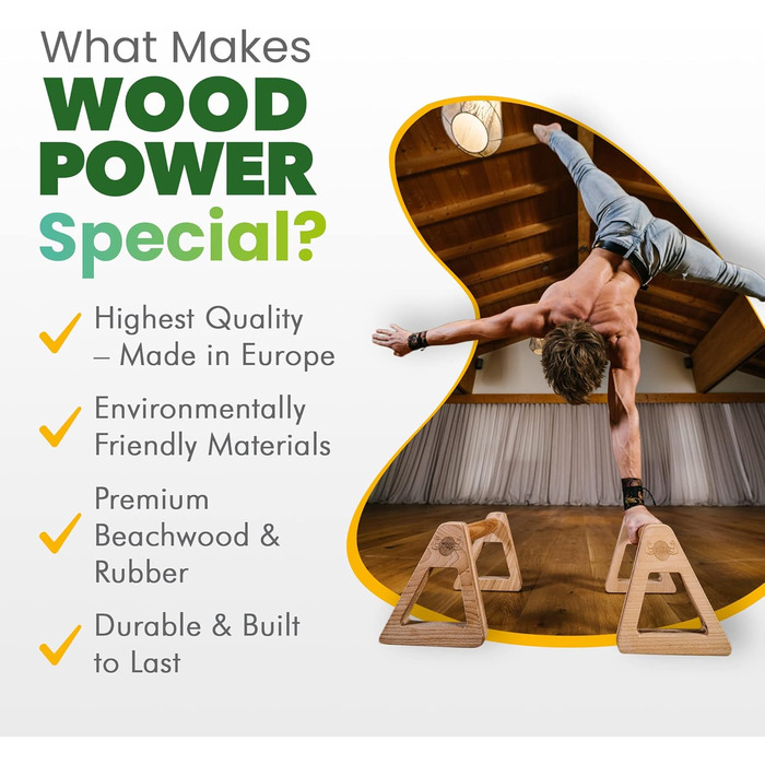 Дерев'яні бруси WOODPOWER PowerBars XL для віджимань, гімнастики та йоги, нековзні паралети для вправ з вагою тіла, 2 шт.