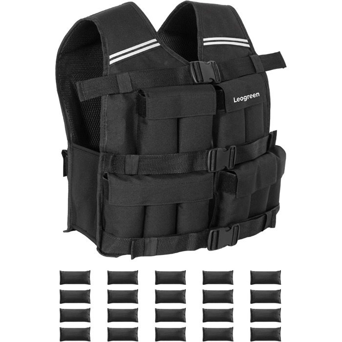 Вага для тренувань Leogreen 10/20 кг, регульована, з 20 знімними вагами, світловідбиваючими смугами, для жінок та чоловіків, біг, силове тренування, чорна