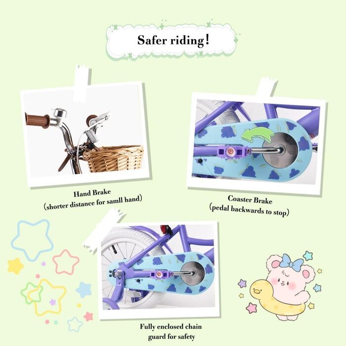 Детское велосипед RULLY Fruit 14 дюймов для девочек 2-7 лет с крыльями, корзиной и сиденьем для куклы, фиолетовый