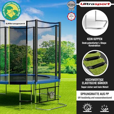 Батут Ultrasport SICHERSTE для дітей на вулицю, діаметр 180-430 см, до 150 кг, безпечне мережеве комплектування, тиха пружина, блакитний, для саду