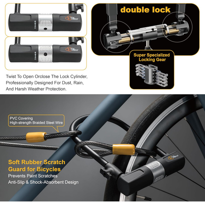Блокиратор велосипедів Via Velo з кабелем, 14 мм дуга, 1,8 м кабель та кріплення – замок для електровелосипеда, шосе, MTB та складаного велосипеда, чорний