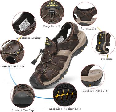 Чоловічі сандалі FLARUT для туризму та пляжу, шкіряні трекінгові, темно-коричневі, 42 EU