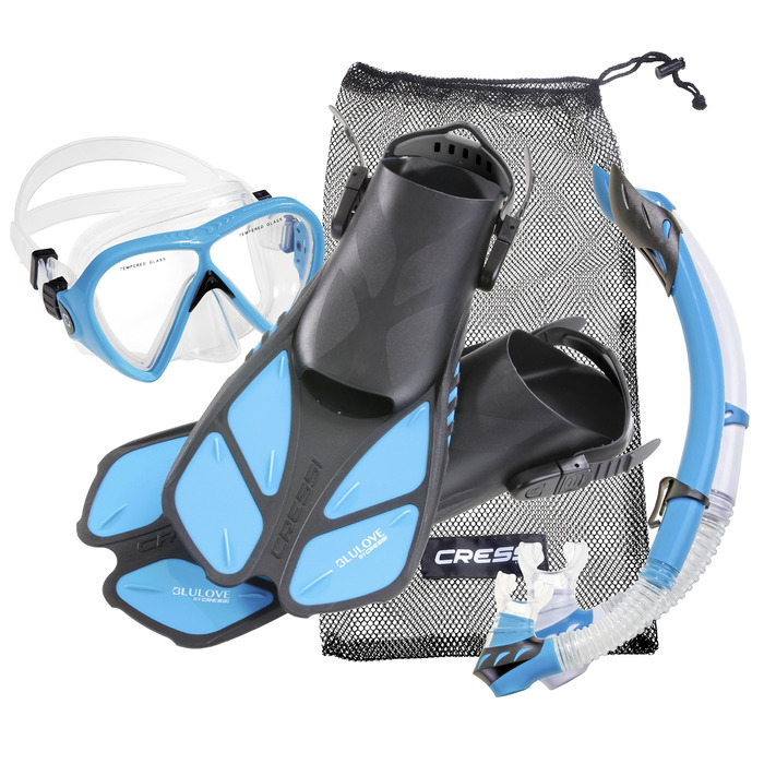 Комплект для снорклінгу Cressi BONETE Deluxe (маска, трубка, ласти, сітка) - світло-блакитний - розмір S/M - 36/42