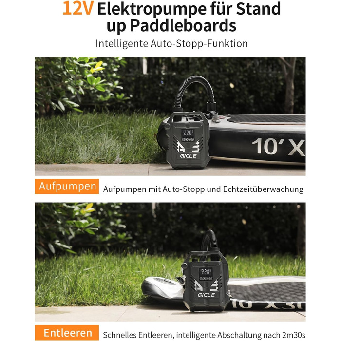 Електричний насос GICLE 60PSI для SUP, SUP-дошок, надувних човнів, велосипедів та наметів. Двоступеневий, швидка підкачка 12V