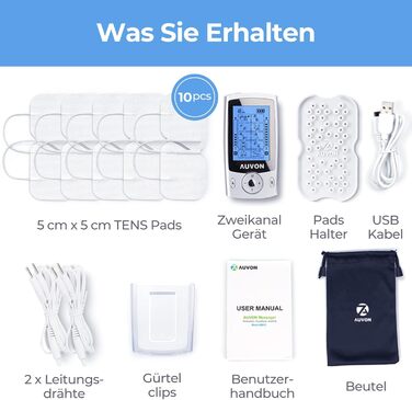 Пристрій TENS AUVON: 2 канали, 20 програм, 10 електродів для зняття болю в спині, шиї, плечі, нозі