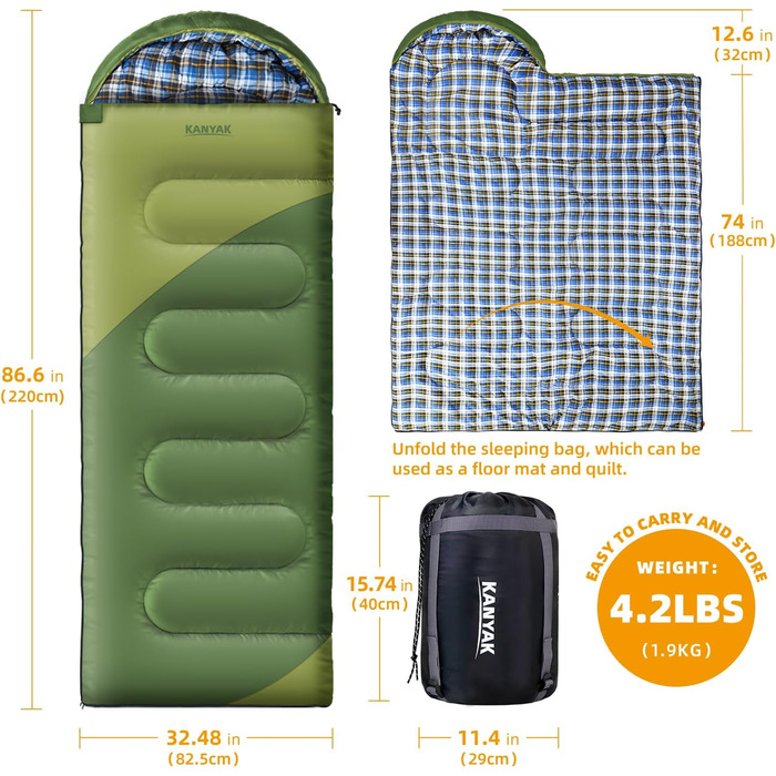 Спальний мішок для кемпінгу, дорослих, дітей та підлітків, 3-4 сезони, холодний клімат, для відпочинку та подорожей (армійний зелений та оливковий)