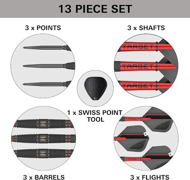 Професійний набір дротиків Target Darts Scope Swiss Point, 90% вольфрам, для гри в дартс, стілдарти червоно-чорні, з інструментом, 21-25 г
