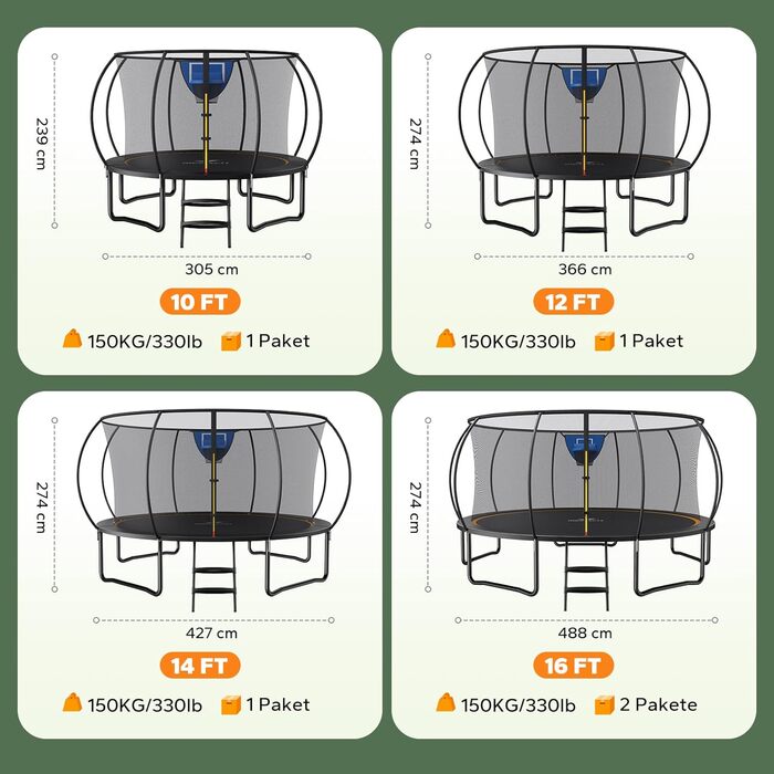Батут MERACH Outdoor з сіткою безпеки та баскетбольним кільцем, діаметр 305/366/427/488 см, Макс. навантаження 150 кг, для саду та вулиці