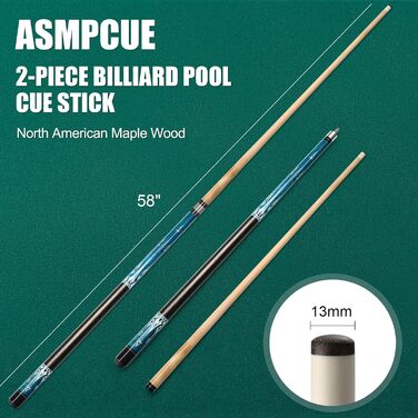 Більярдний кий Pool Queue 58 дюймів з канадського клена, 13 мм наконечник, для професійних гравців, 1/2 кленові кийки, для більярдного столу, 18oz (блакитний 20oz)