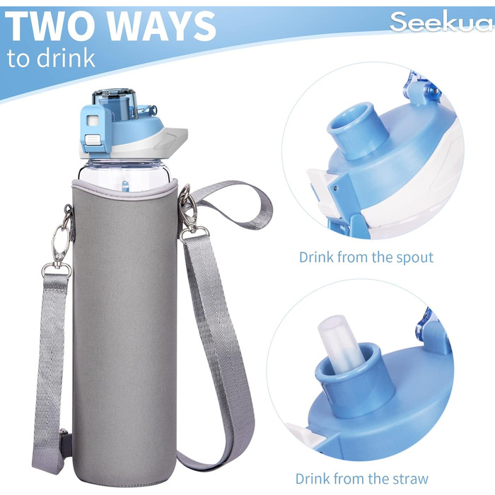 Скляна спортивна пляшка Seekua 1 л з трубочкою і часовою розміткою, BPA Free, герметична, з чохлом, для води, смузі, фруктів, газованих напоїв
