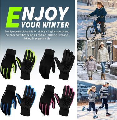Дитячі рукавички Softshell Зимові водонепроникні рукавички для спорту, їзди на велосипеді та верхової їзди. Теплі рукавички для дівчаток та хлопчиків, Anti-Slip, вітронепроникні, флісові. Розмір S, чорно-флуоресцентний зелений