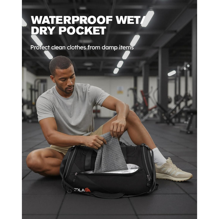 Спортивна сумка Tolaccea з відділенням для взуття та мокрого одягу, 47L, чорна. Ідеальна для фітнесу, тренувань, басейну та подорожей