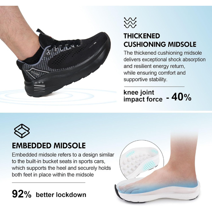 Чоловічі кросівки Jackshibo з широкою передньою частиною: для бігу, ходьби, тенісу. Зручні, з амортизацією, без перепаду висоти. Розмір 45.5 EU, чорний колір