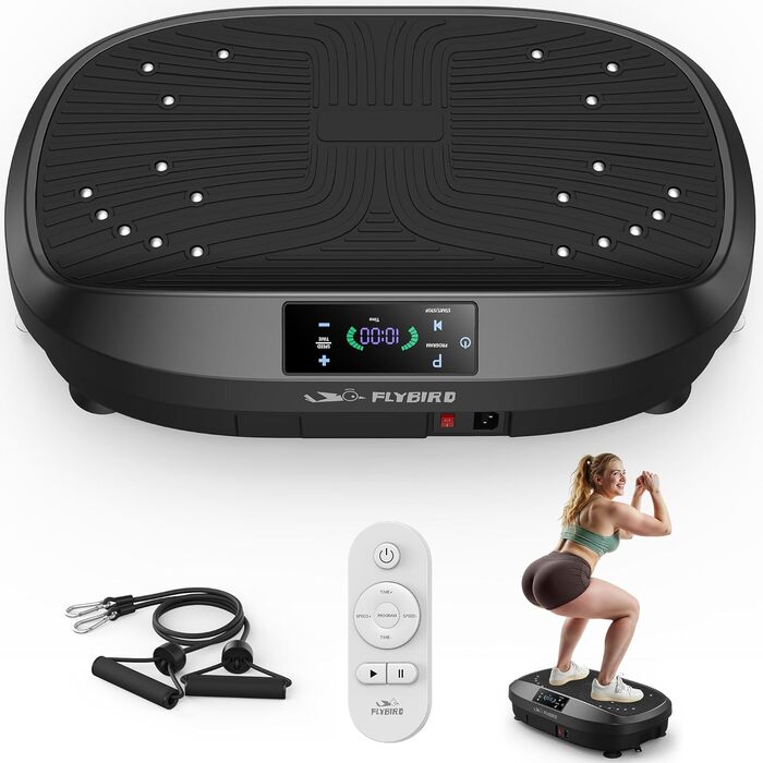 Платформа для вібраційного тренування FLYBIRD – Тест-переможець 2025, 120 швидкостей, 150 кг, дистанційне керування, для жінок, нарощування м'язів та лімфодренаж, чорний