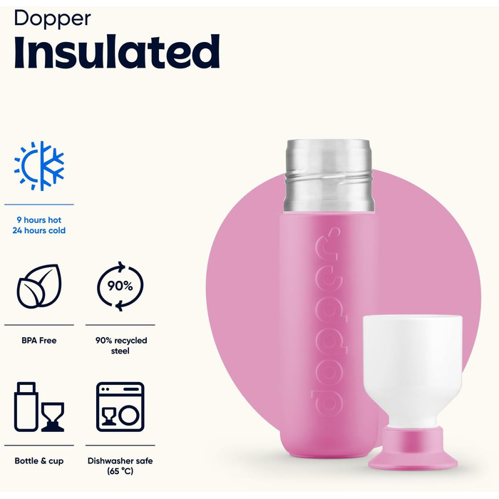 Термос Dopper Insulated Pelican Pink 350 мл — двостінний, нержавіюча сталь, зберігає 24 год холод/9 год гарячий, герметичний, для води, кави, чаю