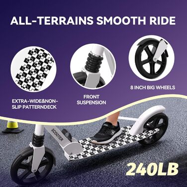 Nattork 8-дюймовий самокат з міцними колесами для підлітків та дорослих - 100 кг, амортизатор переднього колеса та регульоване кермо (білий)
