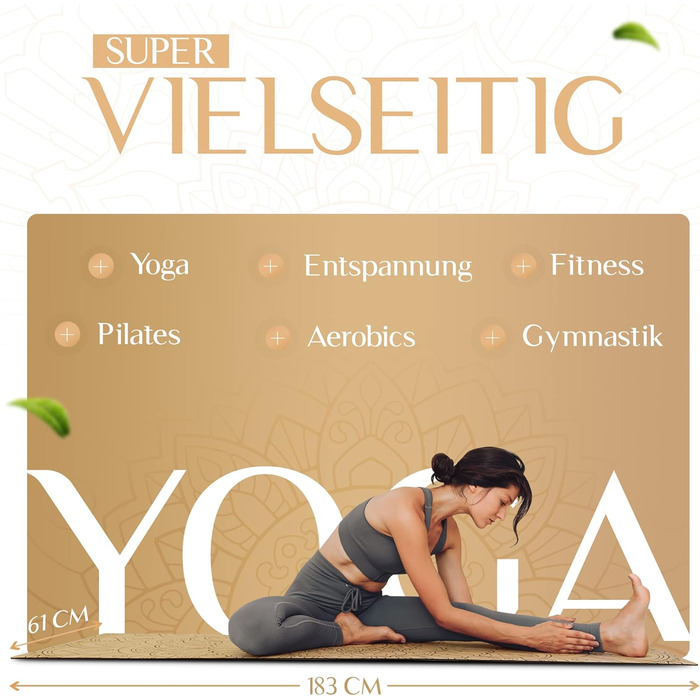 YOGALABS® Преміум 2-в-1 йога-мат із корка та натурального каучуку, 183×61×0,4 см, з ременем для перенесення, нековзкий, екологічний, для йоги, пілатесу та фітнесу, мандала