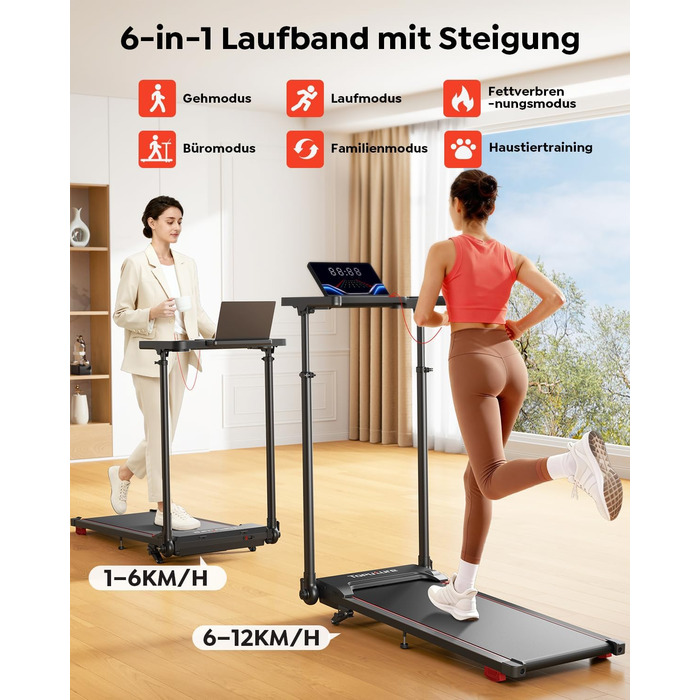 Електрична бігова доріжка для дому 12 км/год, 6 в 1, з регулюванням нахилу до 10%, 1080 мм, тримач для планшету, керування через додаток, тихий 2.5HP двигун, LED дисплей, чорний