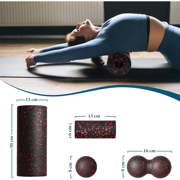 Набір ролів для м'язів: Foam Roller, м'ячик для фасції, міні-ролик, дуобол для йоги та фасціального тренування (Синій/Червоний)