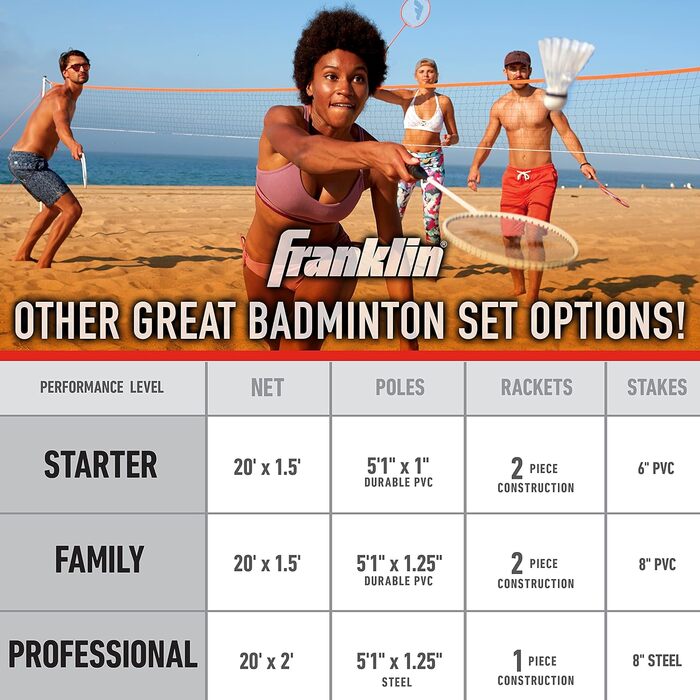 Набір для бадмінтону Franklin Sports: сітка, 4 ракетки, 2 волани, сумка – для двору, пляжу, дорослих та дітей