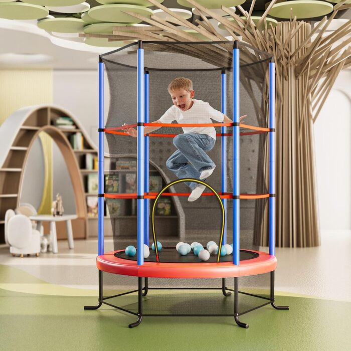 Трамплін GOPLUS для дому з сіткою безпеки, дахом, сталевою конструкцією, Ø165 см, до 135 кг, блакитний