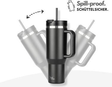 Термокухоль Milu 1200 мл з соломинкою та ручкою, нержавіюча сталь, 40oz, чорний - ізольована пляшка для напоїв на 48 годин холодного/24 години холодного/12 годин гарячого