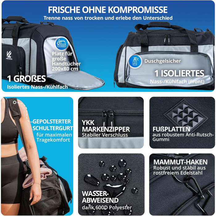 Спортивна сумка VL® з відділенням для взуття, мокрою одежі, ізольованим кульковим відділенням, сауною та туристичною сумкою для жінок та чоловіків. 50 л, чорно-сірий/чорно-срібний