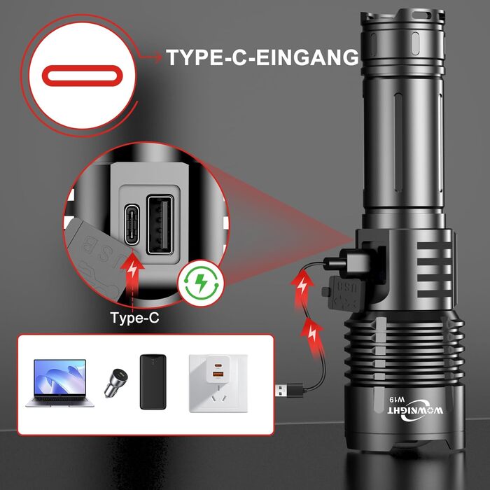 WOWNIGHT LED ліхтарик на акумуляторі 1000000 люмен, 2 режими, USB-C, тактичний, регулювання яскравості, налобний, для кемпінгу та надзвичайних ситуацій, чорний обсидіан