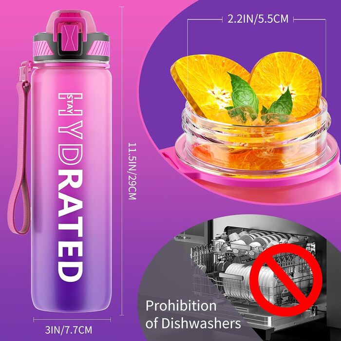 Спортивна пляшка для води 1л Tritan з трубочкою, без BPA, з маркуванням часу та щіткою, фіолетово-рожева