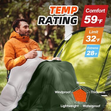 Сплячі мішки MEREZA XL для чоловіків та жінок. Великі, широкі, для кемпінгу. Теплі, з компресійним мішком, для холодної та теплої погоди.