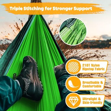 Намет-гамак NATUREFUN для кемпінгу та подорожей | 300 кг, 300x200 см | Атмосвітка, швидковисихаючий нейлон, 2 карабіни, 2 шнури | Зелений, темно-зелений