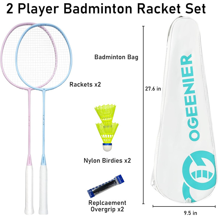Набір для бадмінтону OGEENIER: 2 ракетки, 2 ручки, 2 волана, 1 ракетка з сумкою (білий, рожевий+блакитний, 3 1/4 дюйми)
