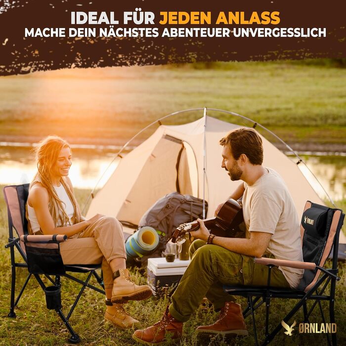 Складний туристичний стілець Ørnland для кемпінгу, риболовлі та пляжу - чорний/коричневий, до 150 кг, з кишенькою та підстаканником