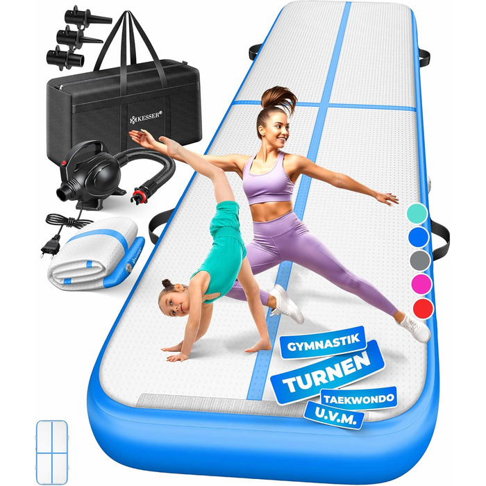 Надувна гімнастична матка KESSER® Airtrack 2м/3м/4м/5м/6м | Килимок для фітнесу, йоги, акробатики | з сумкою та електропомпою | Мінт-зелений (блакитний)
