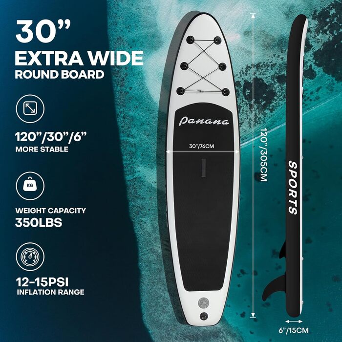 Надувна SUP-дошка Panana 305x76x15 см з преміум аксесуарами, комплект для серфінгу, регульоване весло, ультралегка, неслизька поверхня
