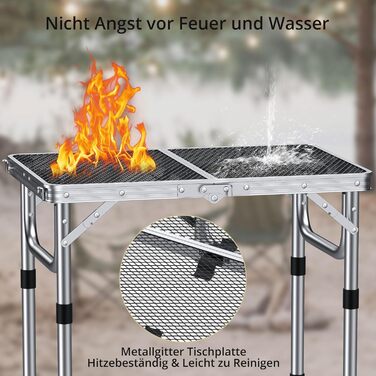 Стіл для кемпінгу Anbte Grilltisch 58x40 см, металевий, з регульованою висотою (26/48/70 см), алюмінієвий каркас, портативний, для пікніка, BBQ, саду, балкону (срібний)