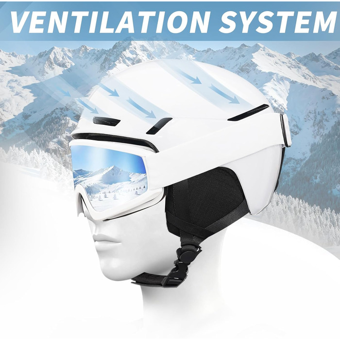 Шкільний шолом з маскою DXH816: захисний шолом для жінок та чоловіків з регульованими навушниками, дихаючий, амортизуючий, з захистом від УФ-випромінювання, для катання на лижах та сноуборді, білий глянцевий + маска