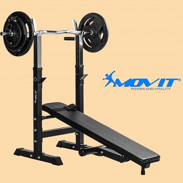 Силова лавка MOVIT з регульованою стійкою для штанги та станцією для віджимань, складана, чорна, з набором штанг 30/60 кг, домашній тренажерний зал