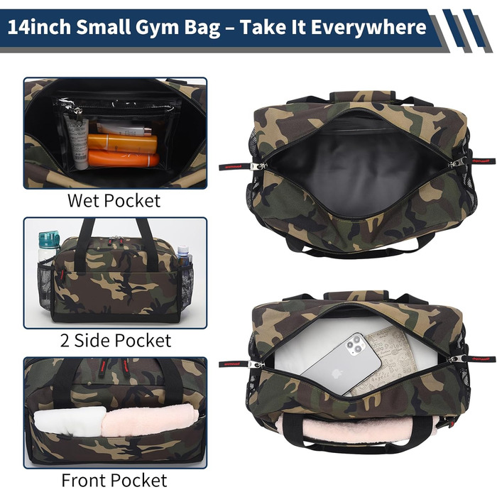Спортивна сумка маленька з відділенням для мокрого - 35x20x20 см, ручна поклажа, міні-дуфл-сумка з кількома відділеннями для спорту, відпочинку, коротких подорожей (Камуфляж, 35 см)